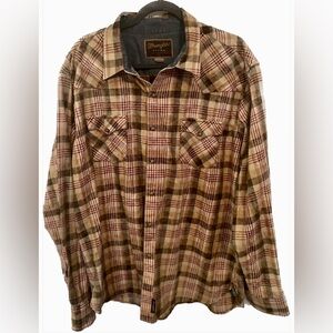 WRANGLER Retro Western ShirtTan Red Plaid Pearl Snap Long Sleeve, Size XXL
